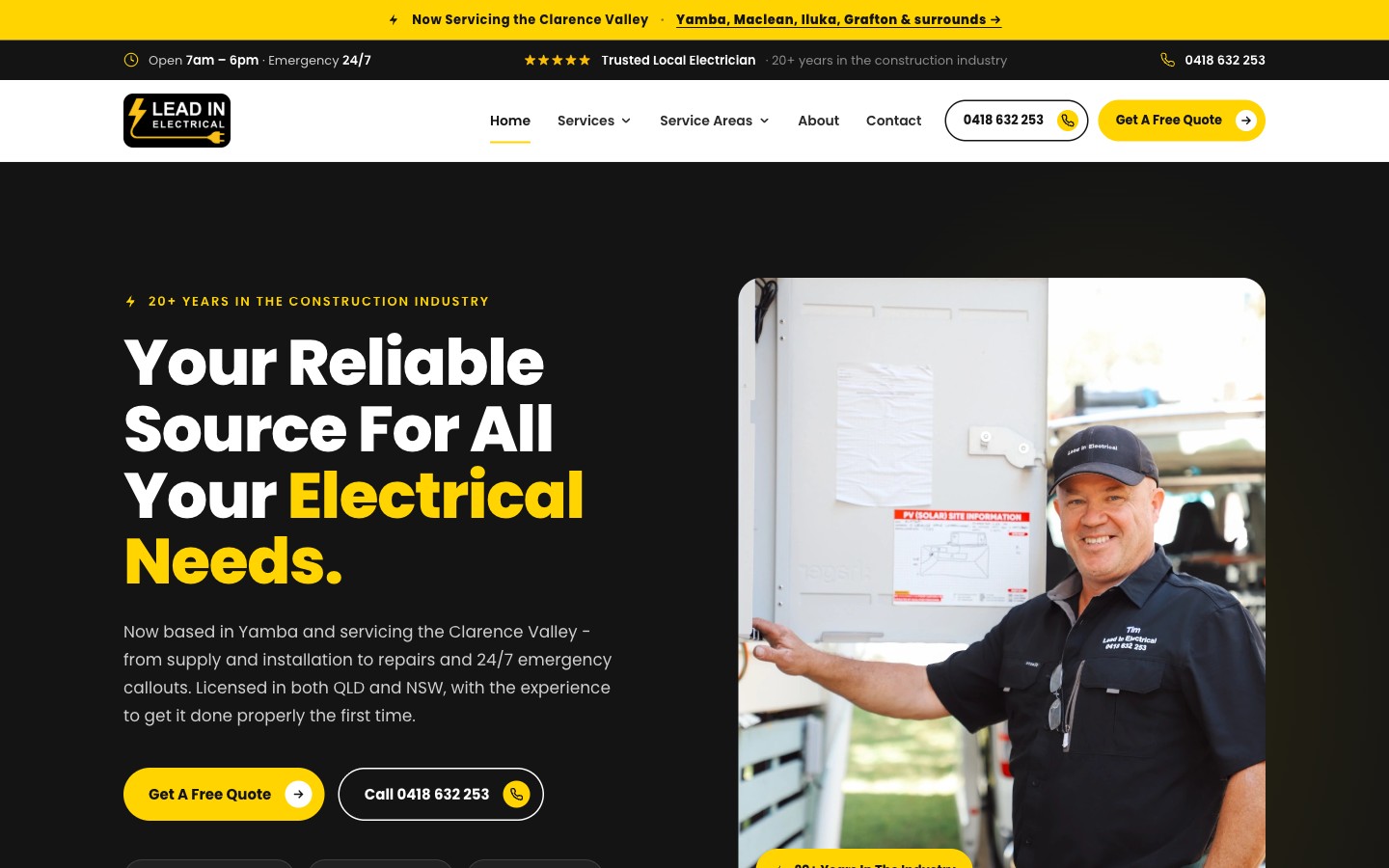 Lead In Electrical homepage on desktop after the Astro rebuild